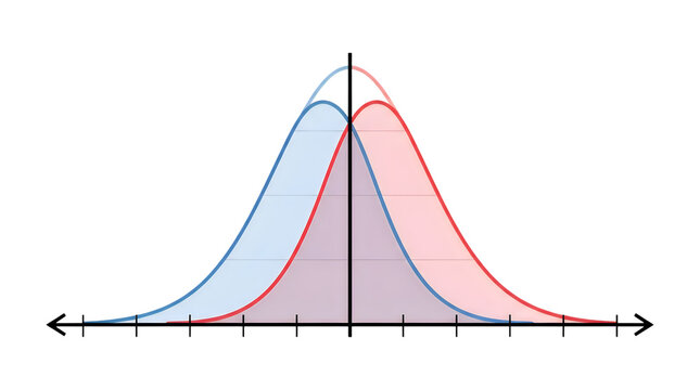 Two overlapping normal distribution bell curves on a graph with blue and red colors illustrating statistical probability and data variance isolated on a white background
