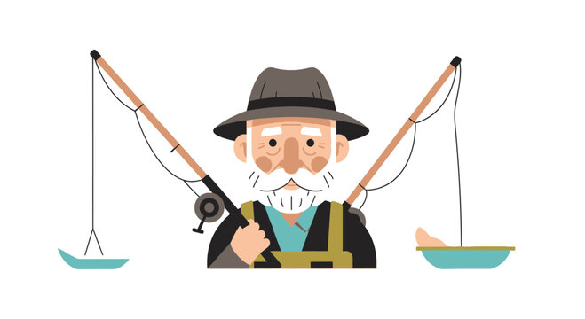 Illustration of an Old Fisherman Balancing Fishing Rods