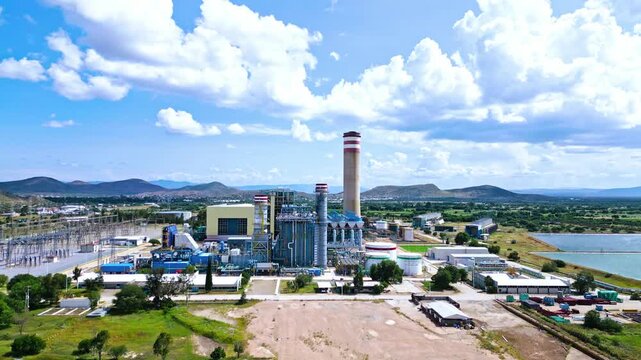 Aerial view of a large thermoelectric power plant generating electricity