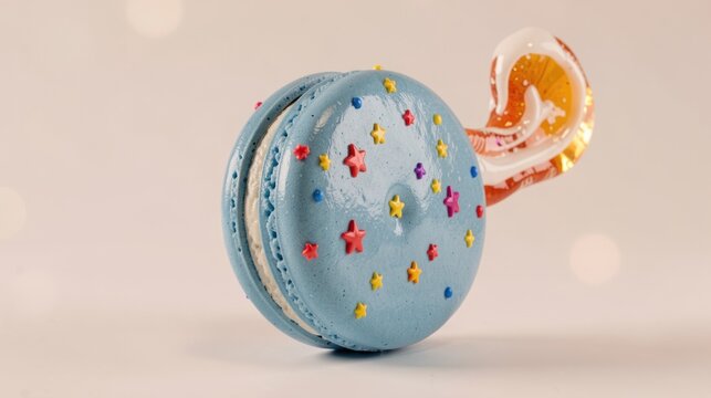 Colorful blue macaron with sprinkles and caramel swirl on top  