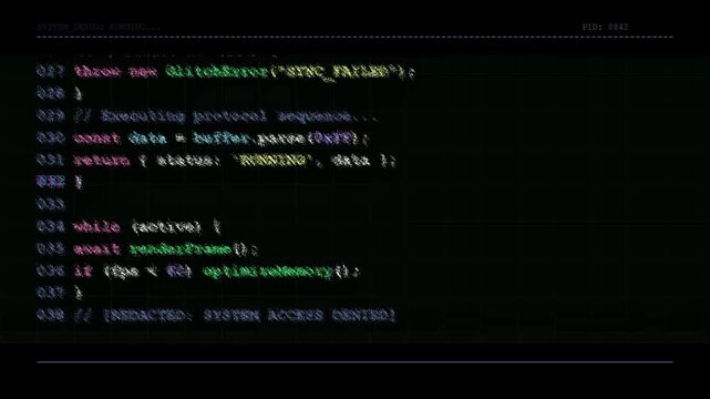 Computer screen displaying lines of programming source code with syntax highlighting for software development, debugging processes, technical analysis