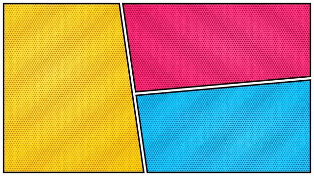 Blank comic book page template with colorful panels and halftone pattern for creative storytelling