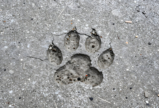 Wildlife conservation and nature exploration, animal paw print embedded in dried cracked concrete ground wilderness and environmental impact