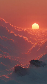 Dramatic golden sunset above sea of clouds with mountain peaks landscape background