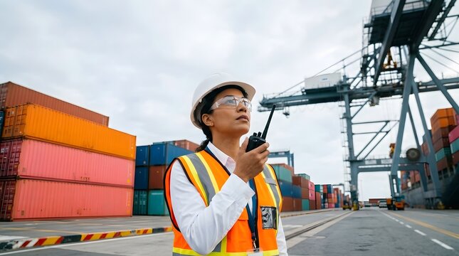 Female inspector using walkie talkie at commercial shipping container terminal   