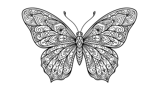 Intricate Mandala Butterfly Illustration, Black and White Zentangle Art, Isolated on Transparent Background