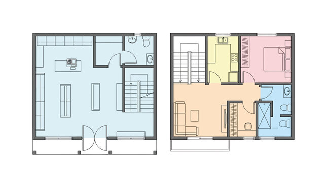 Architectural floor plan layout of a modern two-story house with colored rooms, isolated on a dark background.