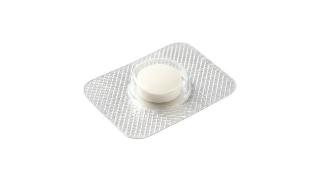 Single pill blister pack with white tablet for medicine packaging and dosage, pharmaceutical item.