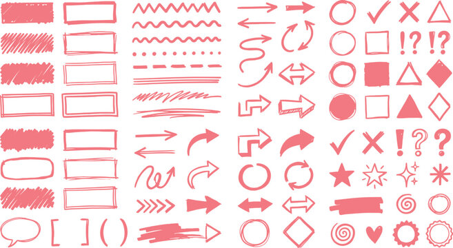 Collection of red hand drawn doodles and sketch elements on white background
