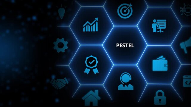 PESTEL analysis concept. Framework to assess political, economic, social, technological, environmental, and legal factors. Strategic planning process for develop innovative product, market initiatives