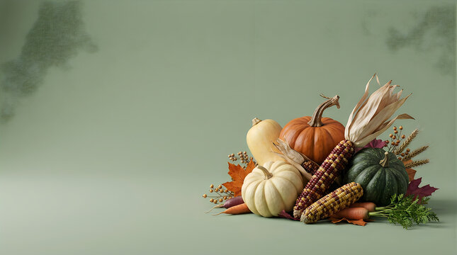 Autumn harvest still life with pumpkins corn and dried florals