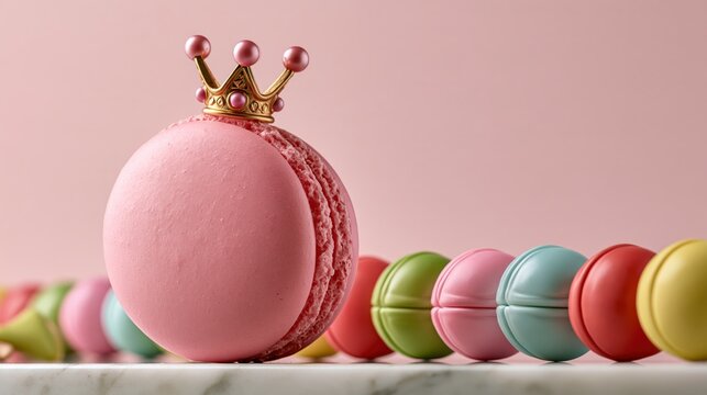Close-up of pink macaron wearing a tiny crown ruling over colorful candies like royal guards. Funny candy photo for sweets and humor content.