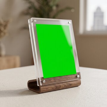 Acrylic Photo Frame Mockup with Green Screen on Desk