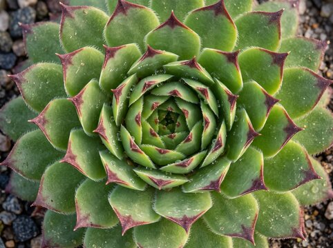 Top view macro of a houseleek sempervivum rosette with morning dew drops, symmetrical succulent geometry