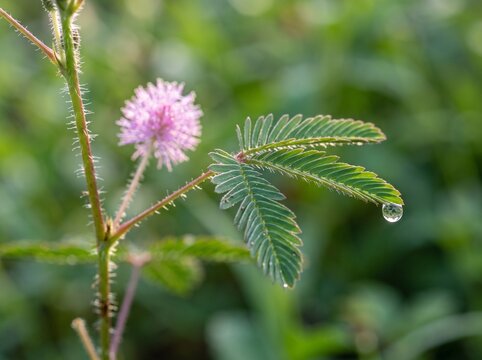 Macro of a Mimosa pudica sensitive plant with folded leaflets and a single dew drop at morning