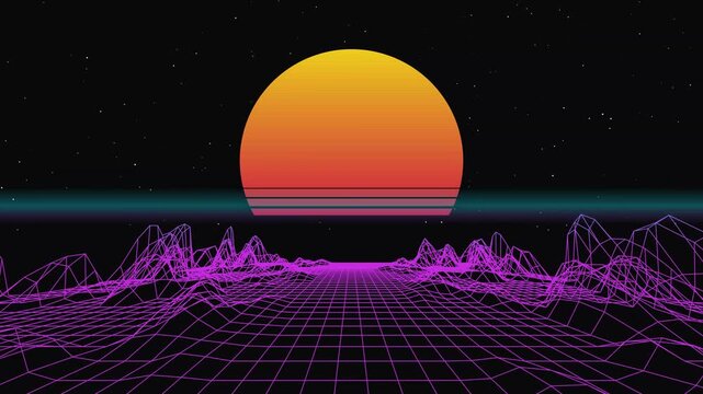Retro 80s Synthwave Landscape with Wireframe Grid and Glowing Sun
