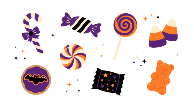 Halloween candy vector icon set, orange and purple spooky sweets collection, trick or treat candy corn and lollipop clipart for party design