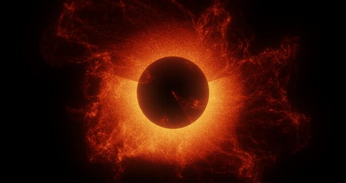 A dark cosmic sphere unleashes intense red coronal energy into space. Chaotic particle clouds disperse outward in all directions.