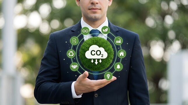 Businessman holding a digital globe with co2 reduction