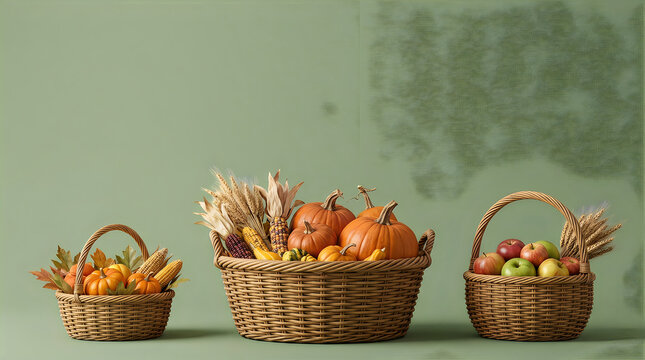 Autumn harvest baskets filled with seasonal fruits and vegetables still life
