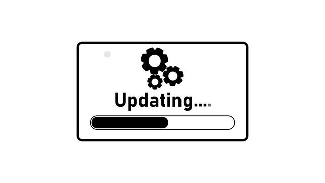 Futuristic neon software updating screen featuring glowing cyan gears, an &ldquo;Updating&rdquo; status message, and a progress bar on a dark background.