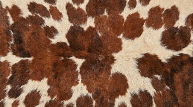Rustic cowhide texture background close up, brown and white spotted animal fur pattern, natural cow hide leather surface for design background