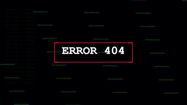 Digital representation of a system error 404 not found message displayed in a red box over a dark background with scrolling green computer code and server data logs for web development and hacking.