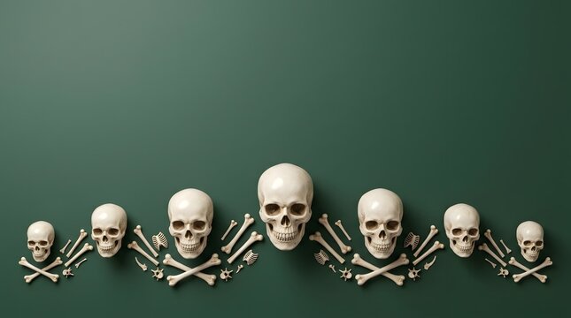 Human skulls and bones arranged in a symmetrical row on dark green background