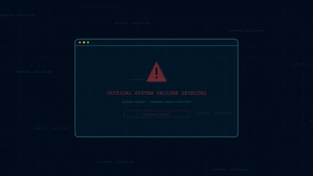 Digital screen displaying a critical system failure detected warning with a red alert icon and glitch effects on a dark blue background representing cybersecurity breach and malware infection.