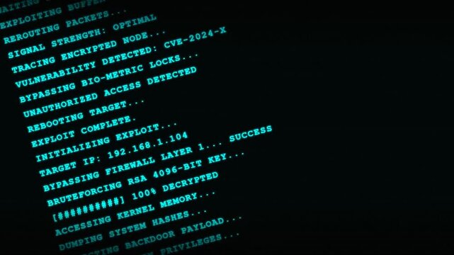 Hacking Computer Screen Simulation with Scrolling Blue Text Showing Cyber Security Exploit, Firewall Bypass, System Breach, and Unauthorized Access on a Dark Terminal Background with Scanlines