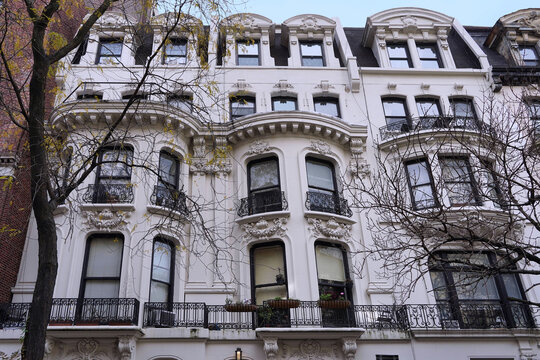 Old New York City apartment building with ornate decorative stonework