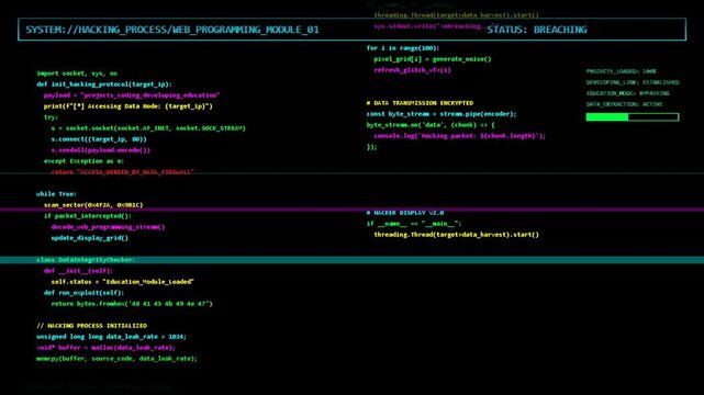 Digital hacking interface with green and yellow terminal text, cyber security breach simulation, data theft analytics, code visualization on screen