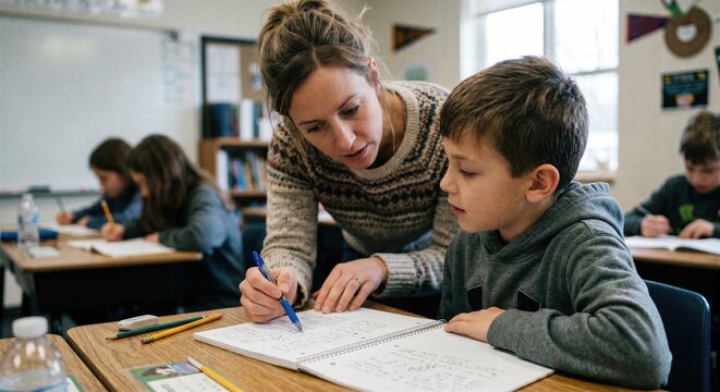One teacher quietly reviewing notebook work with a student illustrates personal feedback, differentiated teaching and modern classroom support during lesson time.