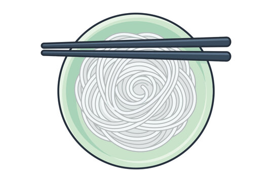 High-angle vector illustration of a traditional bowl of white vermicelli rice noodles with dark blue chopsticks on top, isolated on white background, perfect for Asian cuisine menus and food icons.