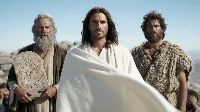 Transfiguration of Jesus Christ on a Mountain With Moses Holding Stone Tablets and Elijah Beside Him, Biblical Gospel Scene of Divine Glory, Revelation, Faith, Prophecy and Spiritual Transformation