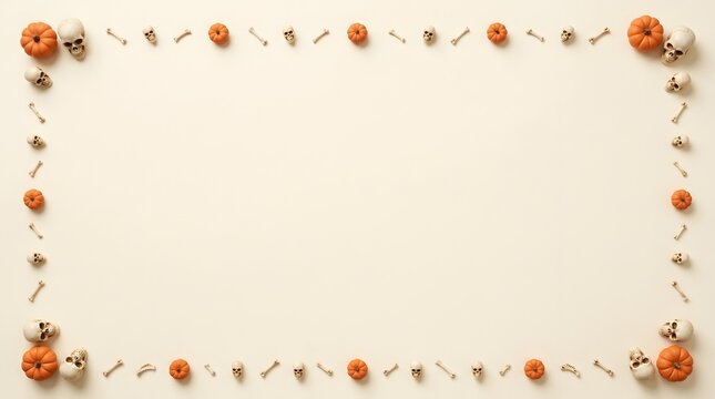 Halloween border frame with 3 d pumpkins, skulls, and bones on beige