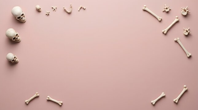 Human skulls and various bones arranged as a frame on a pink background