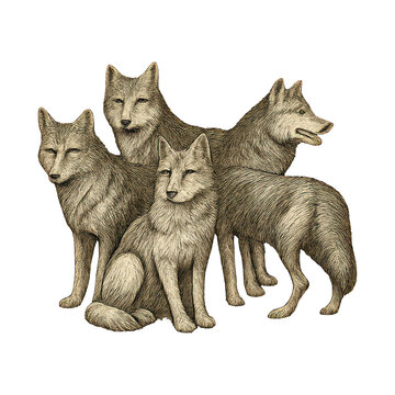 PNG Intricate wolves group illustration.