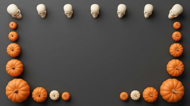Halloween border frame with 3 d skulls and orange pumpkins on dark grey background