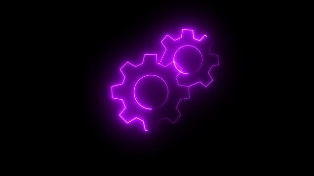 Glowing neon purple icon depicting two interlocking mechanical gears rotating together, set against a dark background. Animated system configuration indicator, automated process execution badge.