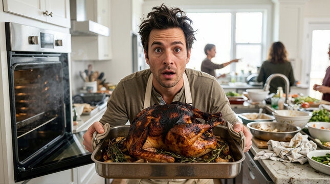 Stressed man holding burnt roast turkey in roasting pan from oven. Thanksgiving cooking mishap and kitchen chaos