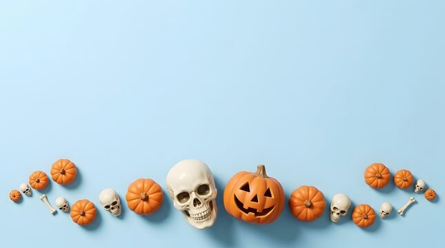 Halloween jack-o'-lantern, skulls, and small pumpkins on light blue background