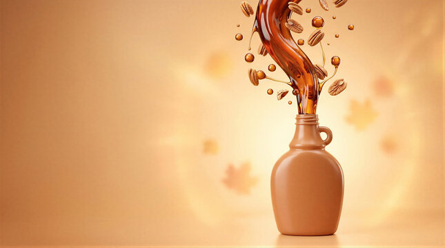 Syrup splashing from ceramic jug with pecans and droplets in warm autumn backdrop. Sweet dessert ingredient and natural flavor concept. Food advertising, packaging design. Copy space.