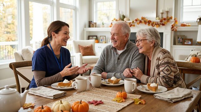 Senior couple enjoying pumpkin pie with caregiver during Thanksgiving holiday. Elderly man and woman chatting at dining table