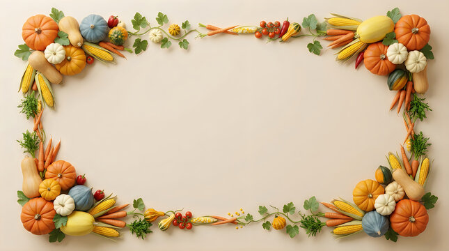 Autumn harvest border with pumpkins gourds and fall colored accents