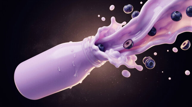 Blueberry yogurt splash bursting from unlabeled plastic bottle on dark background. Flying berries and creamy purple liquid in dynamic motion. Dairy drink product and smoothie concept.