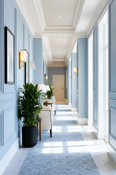 Bright and elegant hotel hallway with light blue wall paneling, patterned runner carpet, potted plants, and wall lights.