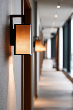 Close up perspective of warm wall sconce lights along a modern wooden hotel corridor with a soft blurred background.
