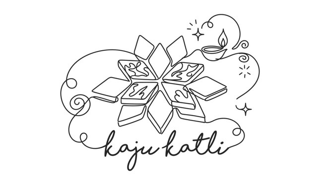 Line art of traditional kaju katli sweets arranged with a decorative diya lamp on a white background