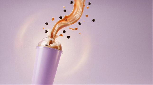 Milk tea splash pouring into purple bubble tea cup with tapioca pearls on pastel violet background. Flowing beverage dynamic drink motion. Bubble tea, milk tea and cold drink concept.